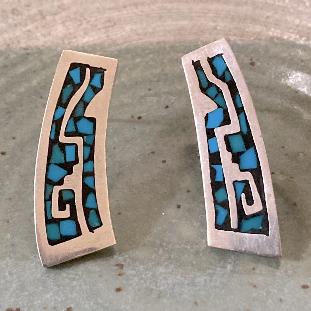 Taxco Sterling And Turquoise Inlay Earrings 75$